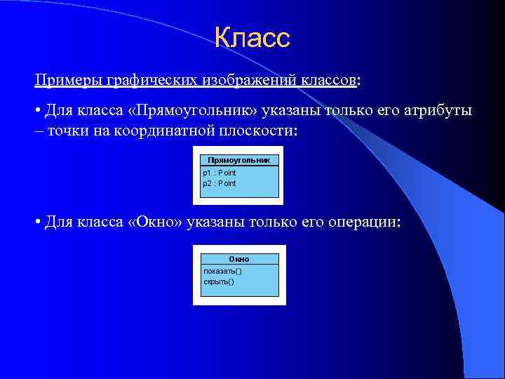 Класс Примеры графических изображений классов: • Для класса «Прямоугольник» указаны только его атрибуты –