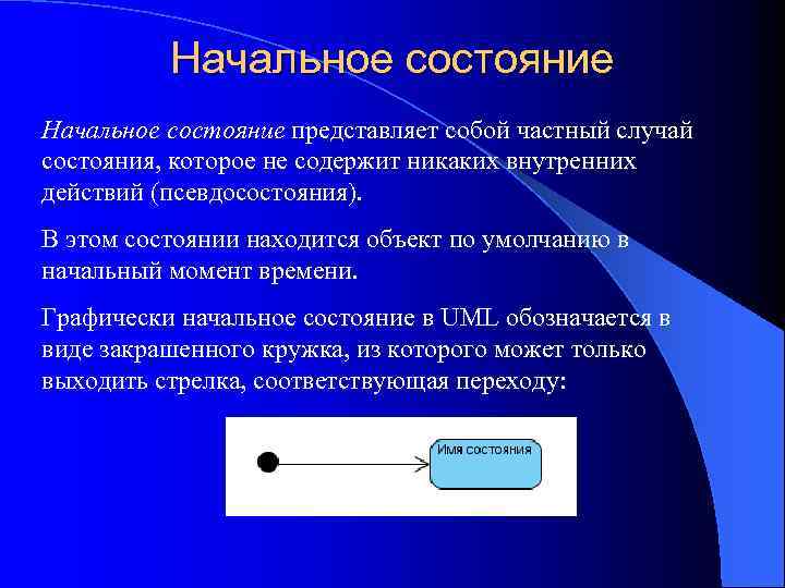 Начальное состояние представляет собой частный случай состояния, которое не содержит никаких внутренних действий (псевдосостояния).
