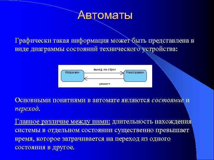 Автоматы Графически такая информация может быть представлена в виде диаграммы состояний технического устройства: Основными