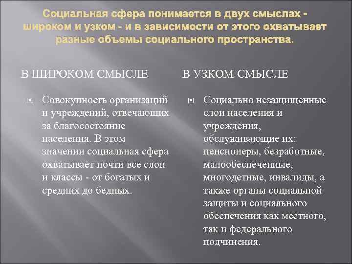 Социальная сфера понимается в двух смыслах широком и узком - и в зависимости от