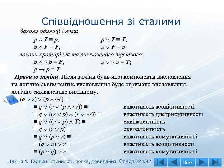 Співвідношення зі сталими Закони одиниці і нуля: p T ≡ p, p T ≡