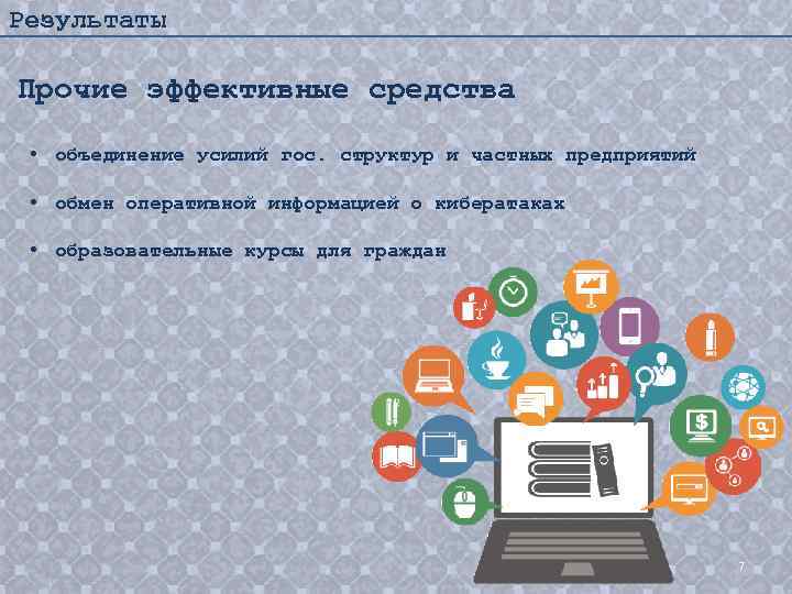 Результаты Прочие эффективные средства • объединение усилий гос. структур и частных предприятий • обмен