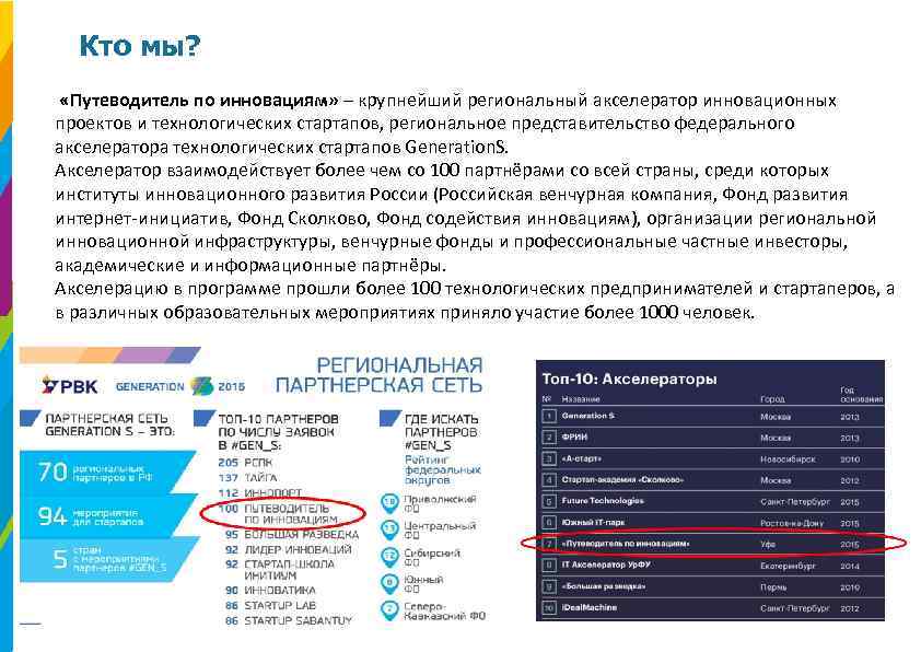 Кто мы? «Путеводитель по инновациям» – крупнейший региональный акселератор инновационных проектов и технологических стартапов,