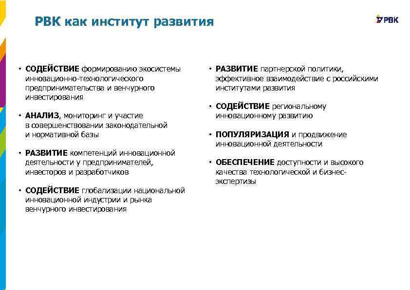 РВК как институт развития • СОДЕЙСТВИЕ формированию экосистемы инновационно-технологического предпринимательства и венчурного инвестирования •