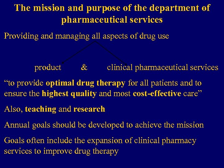 The mission and purpose of the department of pharmaceutical services Providing and managing all