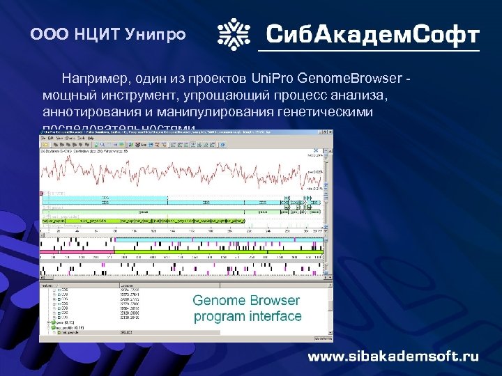 ООО НЦИТ Унипро Например, один из проектов Uni. Pro Genome. Browser мощный инструмент, упрощающий