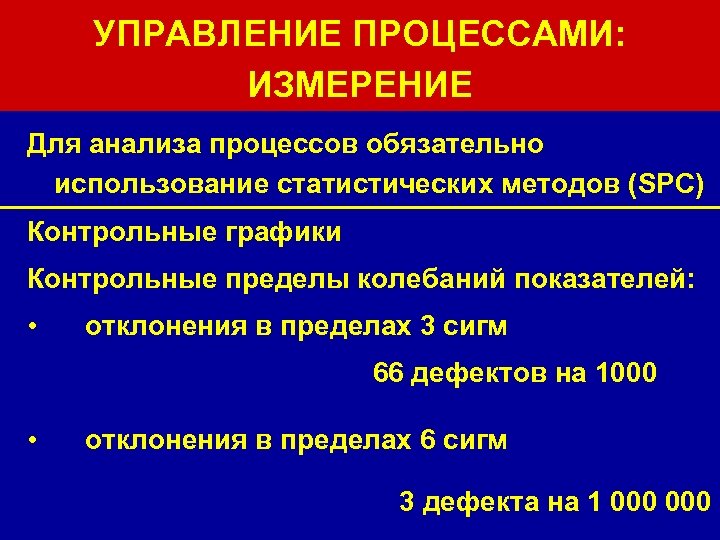 УПРАВЛЕНИЕ ПРОЦЕССАМИ: ИЗМЕРЕНИЕ Для анализа процессов обязательно использование статистических методов (SPC) Контрольные графики Контрольные