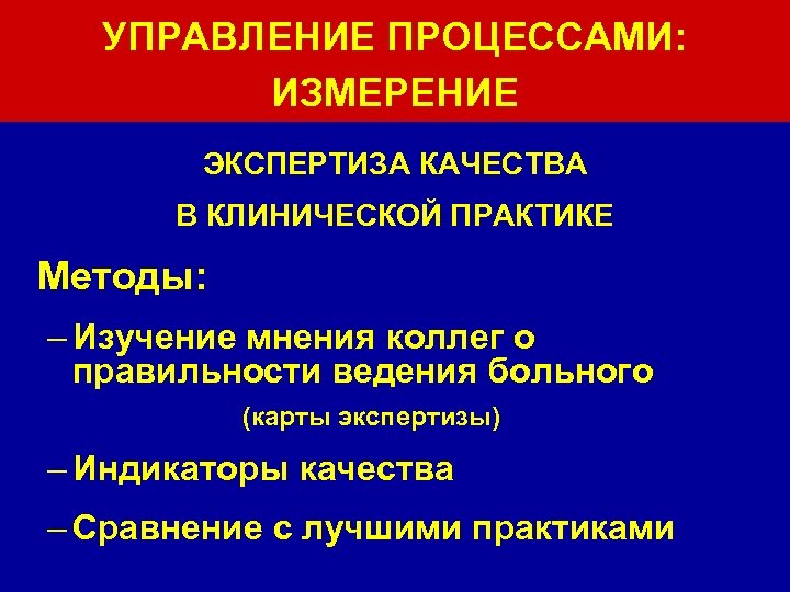 УПРАВЛЕНИЕ ПРОЦЕССАМИ: ИЗМЕРЕНИЕ ЭКСПЕРТИЗА КАЧЕСТВА В КЛИНИЧЕСКОЙ ПРАКТИКЕ Методы: – Изучение мнения коллег о