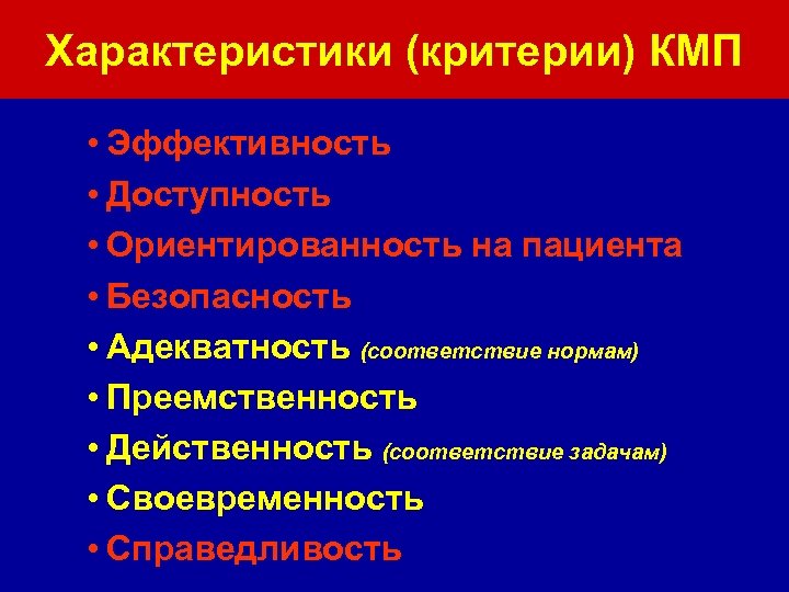 Характеристики (критерии) КМП • Эффективность • Доступность • Ориентированность на пациента • Безопасность •