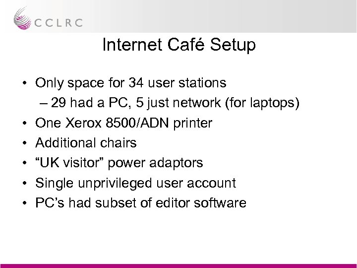 Internet Café Setup • Only space for 34 user stations – 29 had a