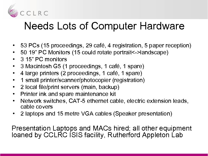 Needs Lots of Computer Hardware • • • 53 PCs (15 proceedings, 29 café,