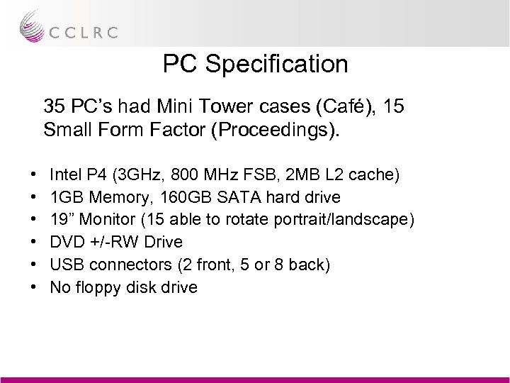 PC Specification 35 PC’s had Mini Tower cases (Café), 15 Small Form Factor (Proceedings).