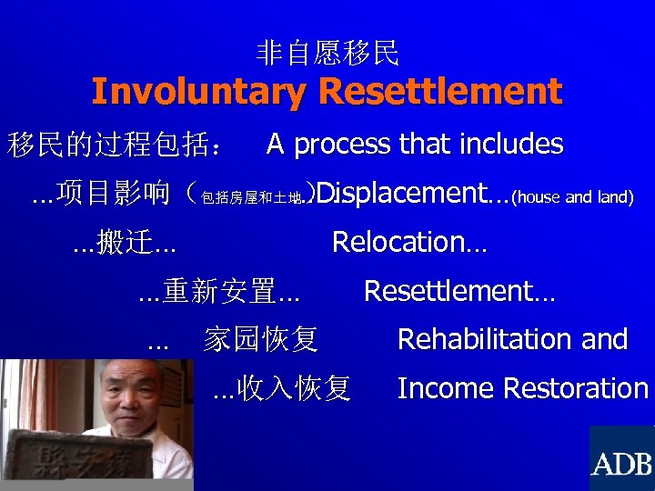 非自愿移民 Involuntary Resettlement 移民的过程包括： A process that includes …项目影响（包括房屋和土地）… …Displacement…(house and land) …搬迁… Relocation…