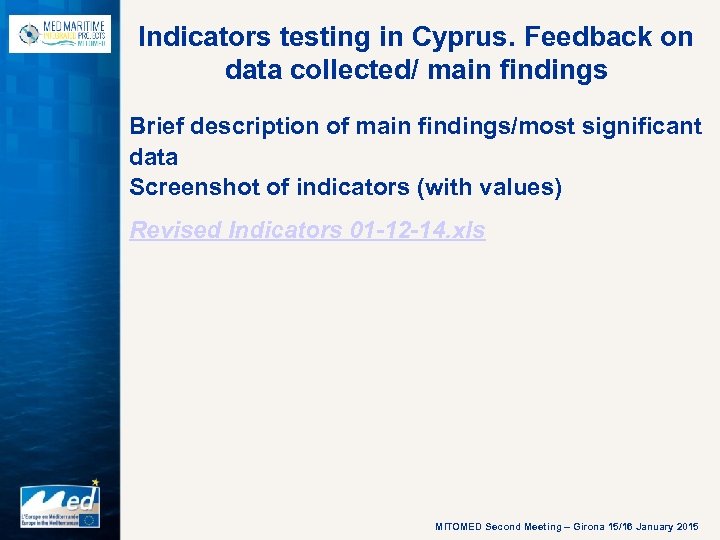 Indicators testing in Cyprus. Feedback on data collected/ main findings Brief description of main
