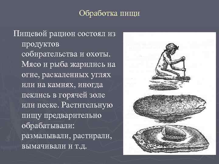 Обработка пищи Пищевой рацион состоял из продуктов собирательства и охоты. Мясо и рыба жарились