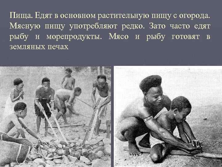 Пища. Едят в основном растительную пищу с огорода. Мясную пищу употребляют редко. Зато часто