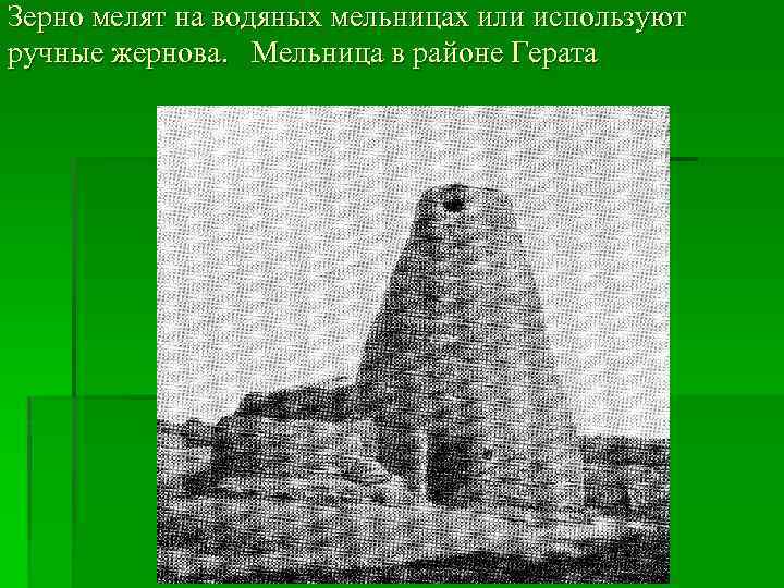 Зерно мелят на водяных мельницах или используют ручные жернова. Мельница в районе Герата 