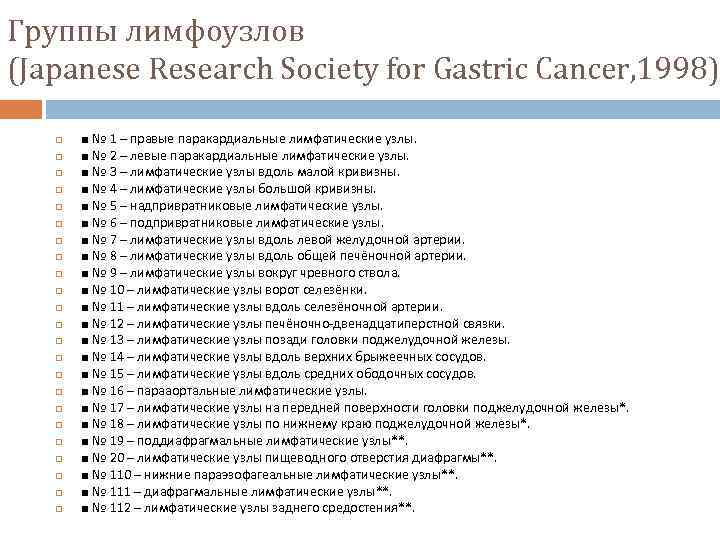 Группы лимфоузлов (Japanese Research Society for Gastric Cancer, 1998) ■ № 1 – правые