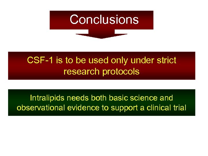 Conclusions CSF-1 is to be used only under strict research protocols Intralipids needs both