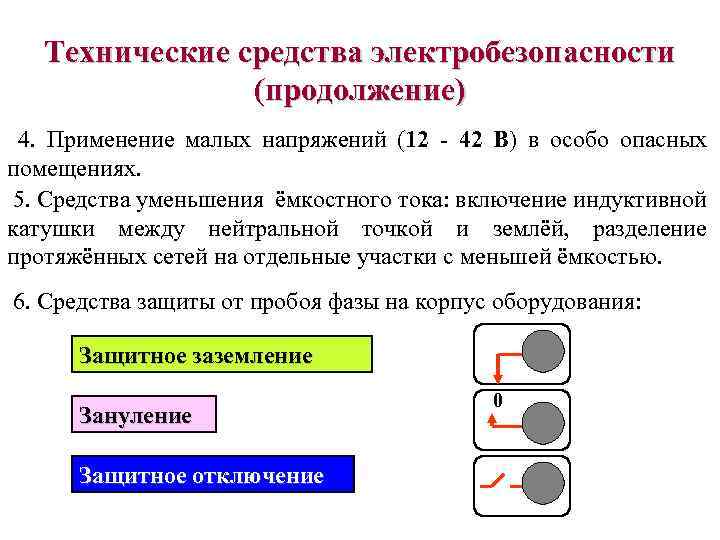 Технические средства электробезопасности (продолжение) 4. Применение малых напряжений (12 - 42 В) в особо