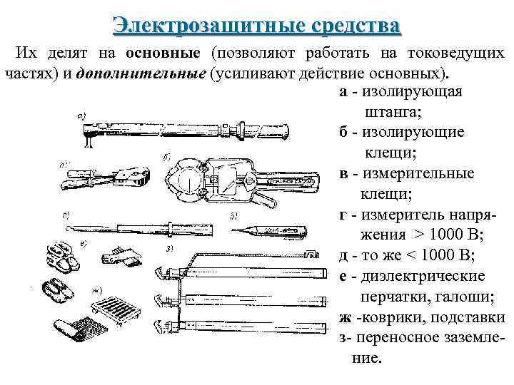 Электрозащитные средства Их делят на основные (позволяют работать на токоведущих частях) и дополнительные (усиливают