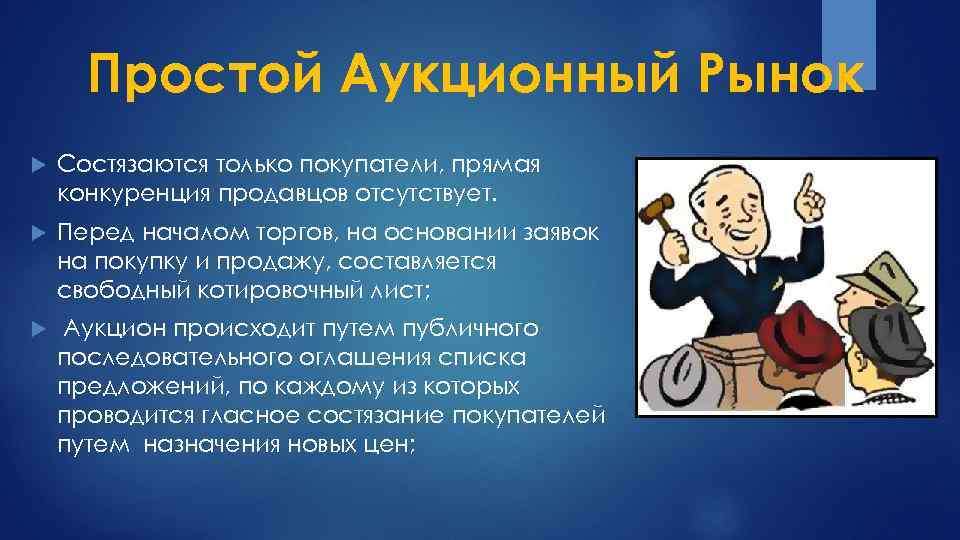 Простой Аукционный Рынок Состязаются только покупатели, прямая конкуренция продавцов отсутствует. Перед началом торгов, на