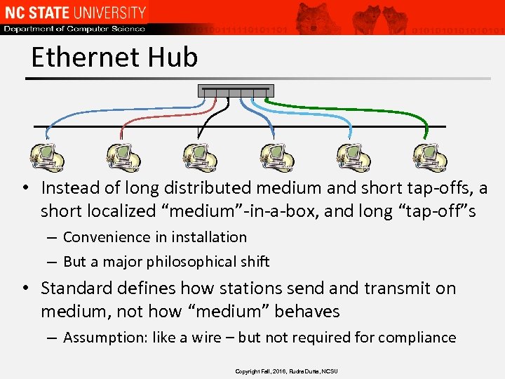 Ethernet Hub • Instead of long distributed medium and short tap-offs, a short localized