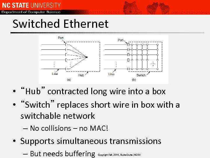 Switched Ethernet • “Hub” contracted long wire into a box • “Switch” replaces short