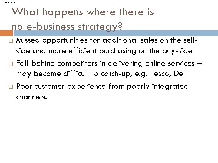 Slide 5. 11 What happens where there is no e-business strategy? Missed opportunities for