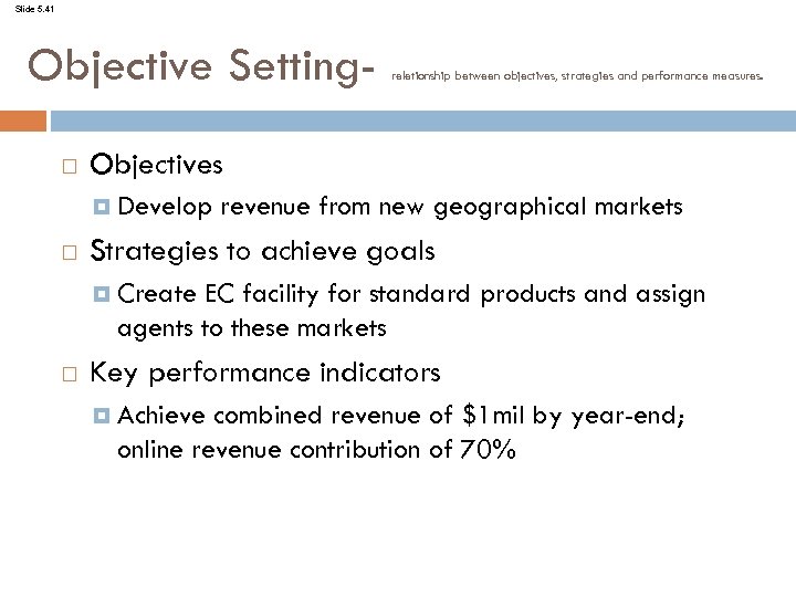 Slide 5. 41 Objective Setting Objectives Develop reletionship between objectives, strategies and performance measures.