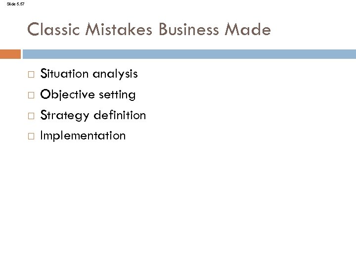 Slide 5. 57 Classic Mistakes Business Made Situation analysis Objective setting Strategy definition Implementation