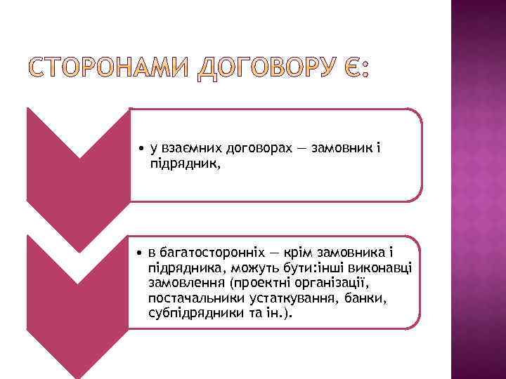  • у взаємних договорах — замовник і підрядник, • в багатосторонніх — крім