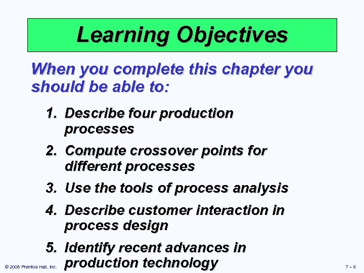 Learning Objectives When you complete this chapter you should be able to: 1. Describe