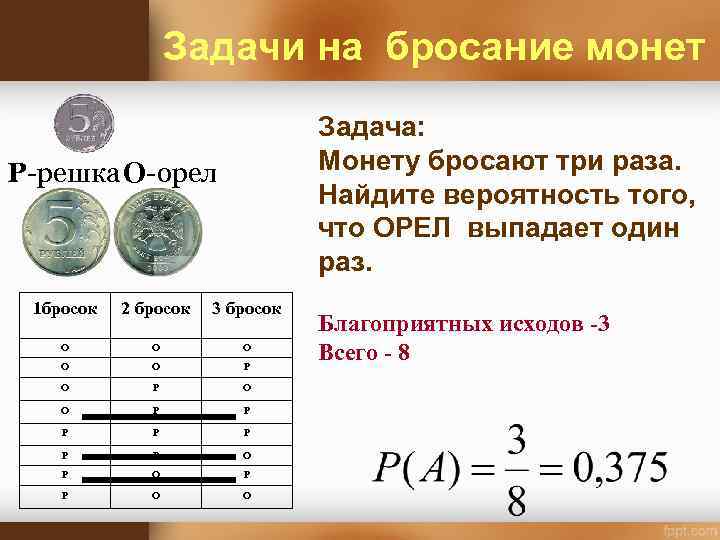 Задачи на бросание монет Задача: Монету бросают три раза. Найдите вероятность того, что ОРЕЛ