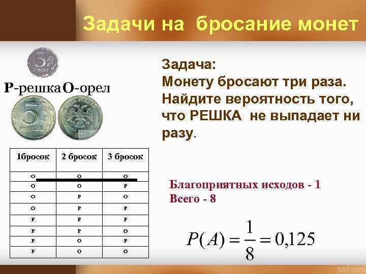 Задачи на бросание монет Задача: Монету бросают три раза. Найдите вероятность того, что РЕШКА