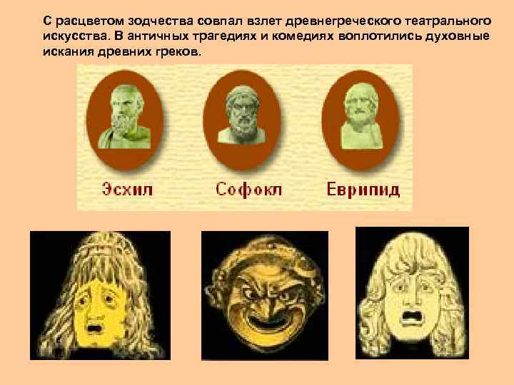 С расцветом зодчества совпал взлет древнегреческого театрального искусства. В античных трагедиях и комедиях воплотились