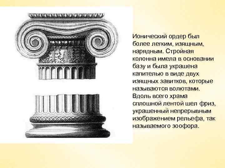 Ионический ордер был более легким, изящным, нарядным. Стройная колонна имела в основании базу и