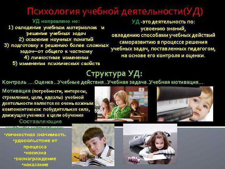 Психология учебной деятельности(УД) УД направлена на: УД -это деятельность по: 1) овладение учебным материалом