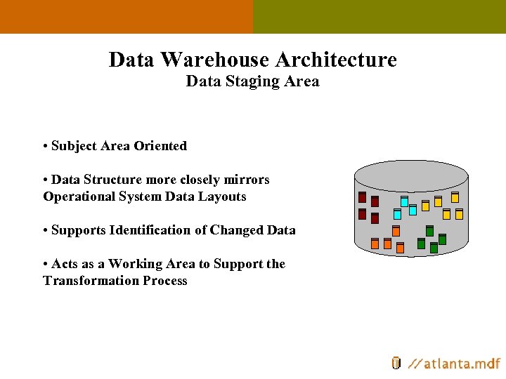 Data Warehouse Architecture Data Staging Area • Subject Area Oriented • Data Structure more