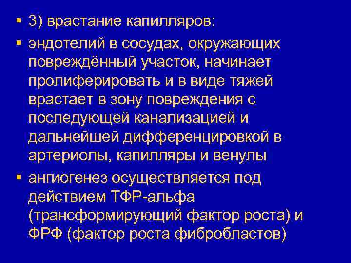 § 3) врастание капилляров: § эндотелий в сосудах, окружающих повреждённый участок, начинает пролиферировать и