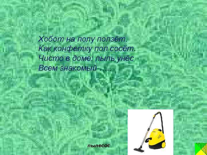 Хобот на полу ползёт. Как конфетку пол сосёт. Чисто в доме: пыль унёс Всем