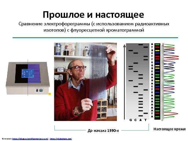 Прошлое и настоящее Сравнение электрофореграммы (с использованием радиоактивных изотопов) с флуоресцетной хроматограммой До начала