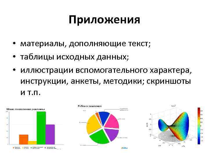 Приложения • материалы, дополняющие текст; • таблицы исходных данных; • иллюстрации вспомогательного характера, инструкции,