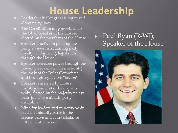 House Leadership Leadership in Congress is organized along party lines The Constitution only provides