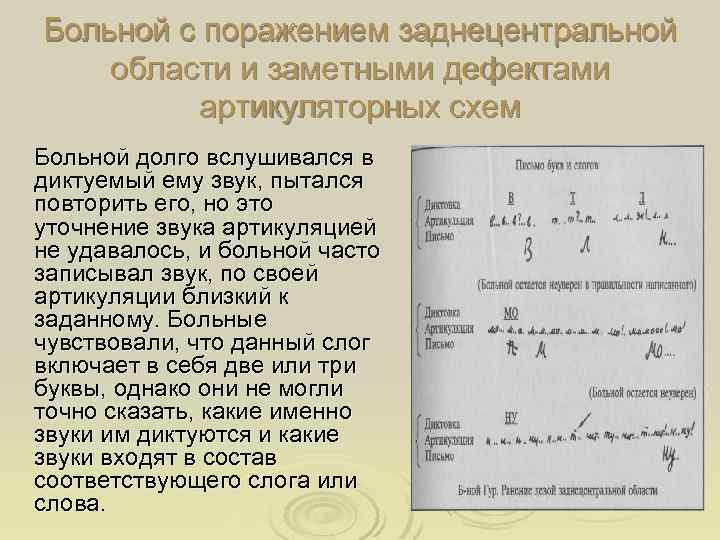 Больной с поражением заднецентральной области и заметными дефектами артикуляторных схем Больной долго вслушивался в