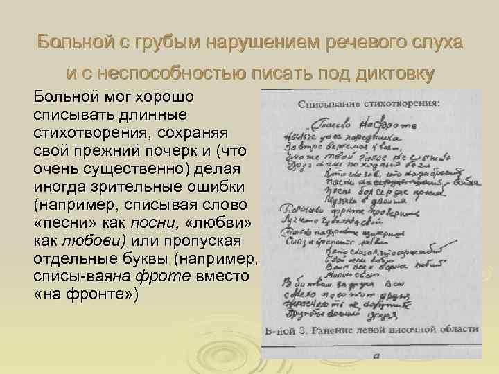 Больной с грубым нарушением речевого слуха и с неспособностью писать под диктовку Больной мог