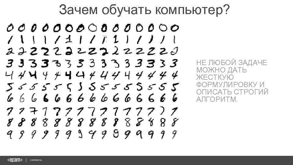 Зачем обучать компьютер? НЕ ЛЮБОЙ ЗАДАЧЕ МОЖНО ДАТЬ ЖЕСТКУЮ ФОРМУЛИРОВКУ И ОПИСАТЬ СТРОГИЙ АЛГОРИТМ.