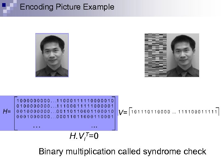 Encoding Picture Example V= H. Vi. T=0 Parity Image Binary multiplication called syndrome check