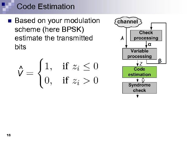 Code Estimation n Based on your modulation scheme (here BPSK) estimate the transmitted bits