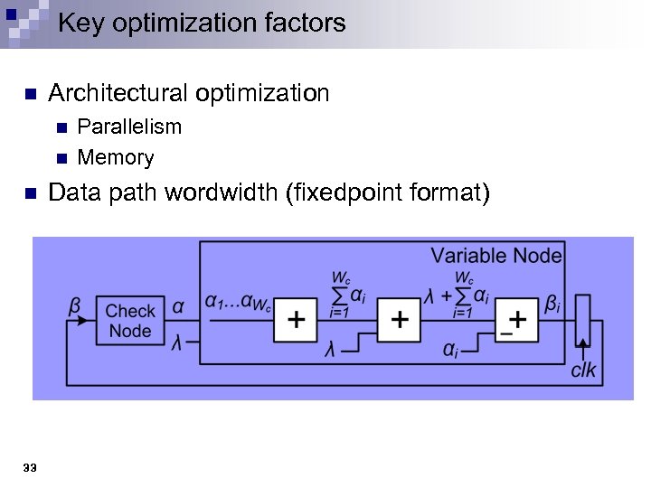 Key optimization factors n Architectural optimization n 33 Parallelism Memory Data path wordwidth (fixedpoint